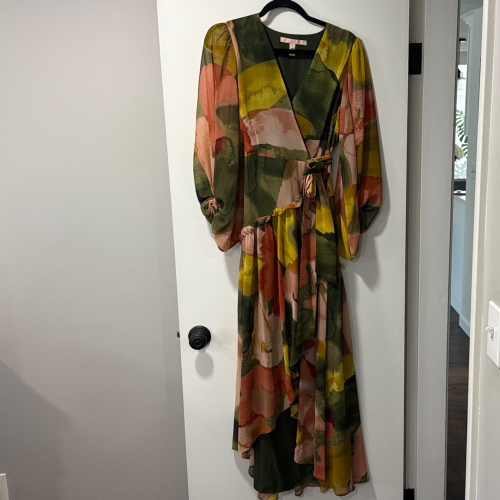 Hutch Long Sleeve Abstract Maxi Dress - Green, Pink, Yellow